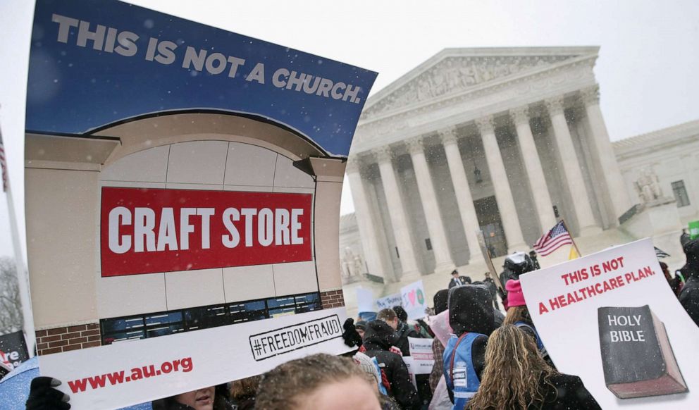 PHOTO: Demonstrators rally outside of the Supreme Court during oral arguments in Sebelius v. Hobby Lobby, March 25, 2014, in Washington, D.C.