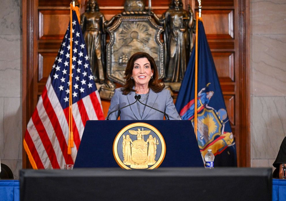 PHOTO: New York Gov.  Kathy Hochul speaks to reporters about legislation passed during a special legislative session, in the Red Room at the state Capitol, July 1, 2022, in Albany, NY 
