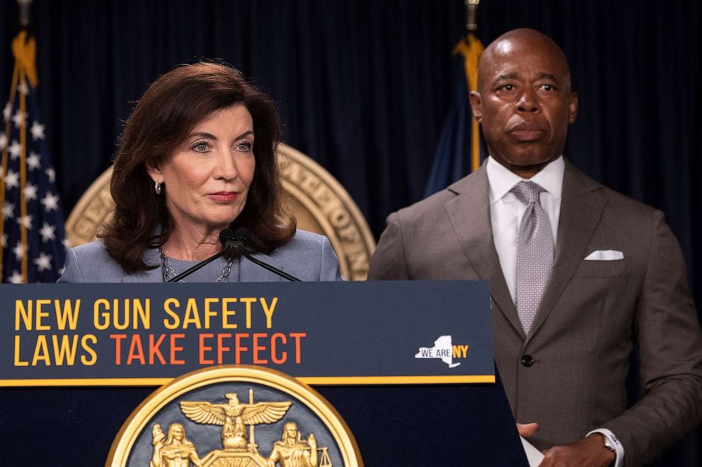 PHOTO: New York Gov. Kathy Hochul, left, and New York City Mayor Eric Adams, right, attend a news conference about upcoming "Gun Free Zone" implementation at Times Square, Wednesday, Aug. 31, 2022, in New York.