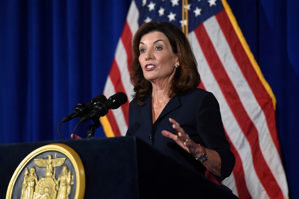 PHOTO: New York Lieutenant Governor Kathy Hochul speaks during a news conference the day after Governor Andrew Cuomo announced his resignation at the New York State Capitol, in Albany, N.Y., Aug. 11, 2021.