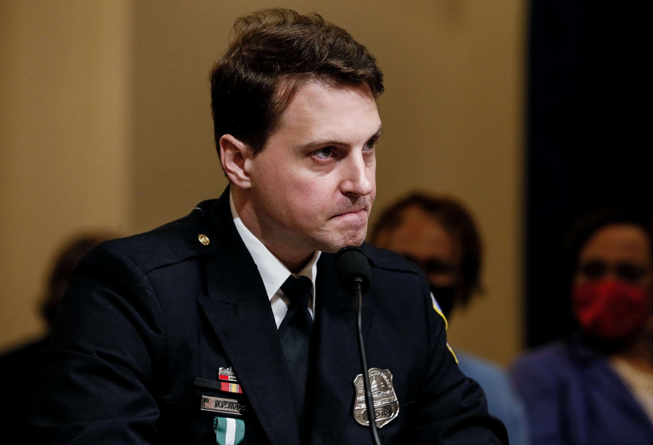 PHOTO: Metropolitan Police Department Officer Daniel Hodges testifies during the opening hearing of the U.S. House (Select) Committee investigating the Jan, 6 attack on the U.S. Capitol, July 27, 2021, on Capitol Hill in Washington, D.C.