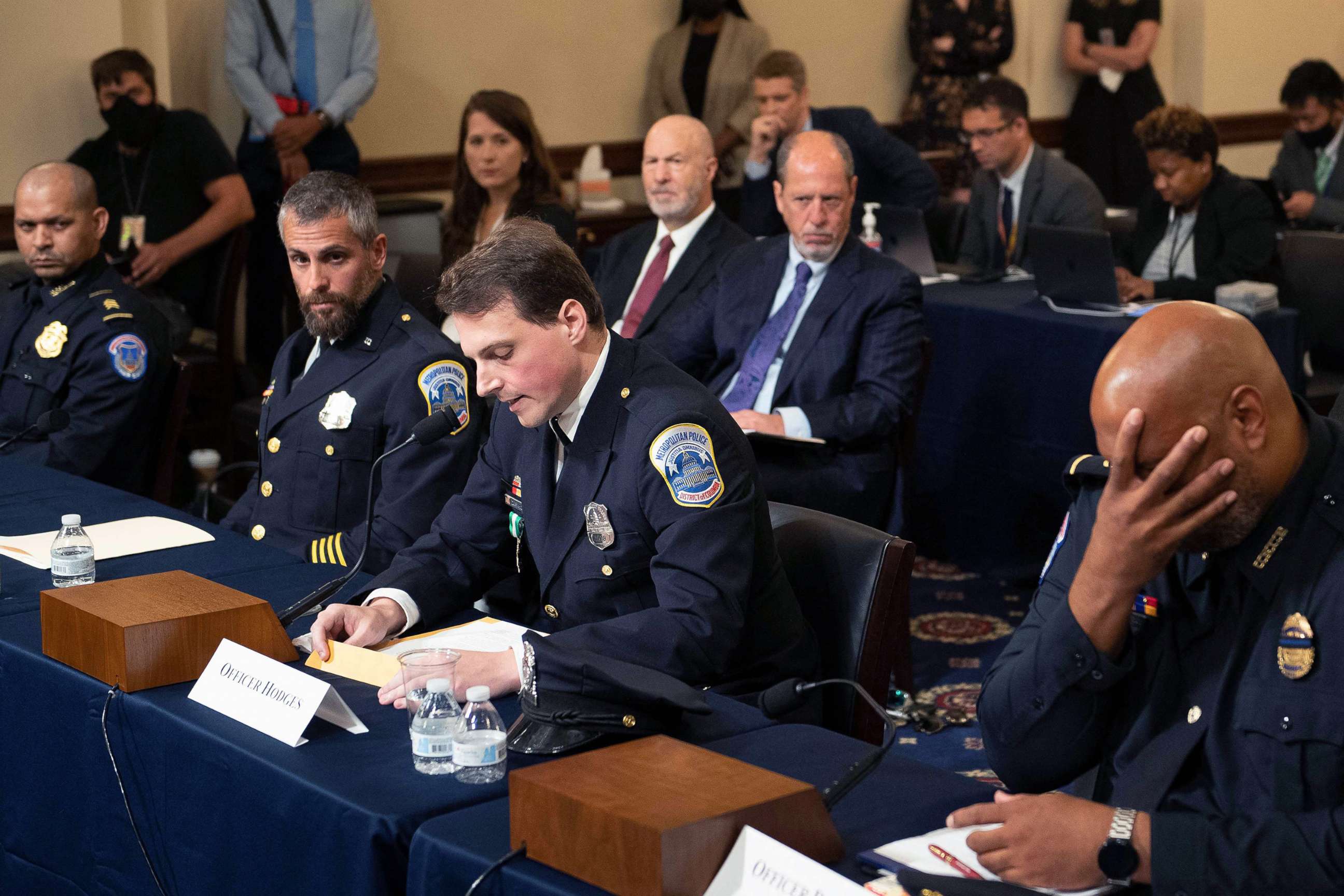 PHOTO: From left, officers Sgt. Aquilino Gonell, Michael Fanone, Daniel Hodges and Harry Dunn testify before the Select Committee on the Jan. 6, 2021, attack on the U.S. Capitol, July 27, 2021, on Capitol Hill in Washington, D.C.