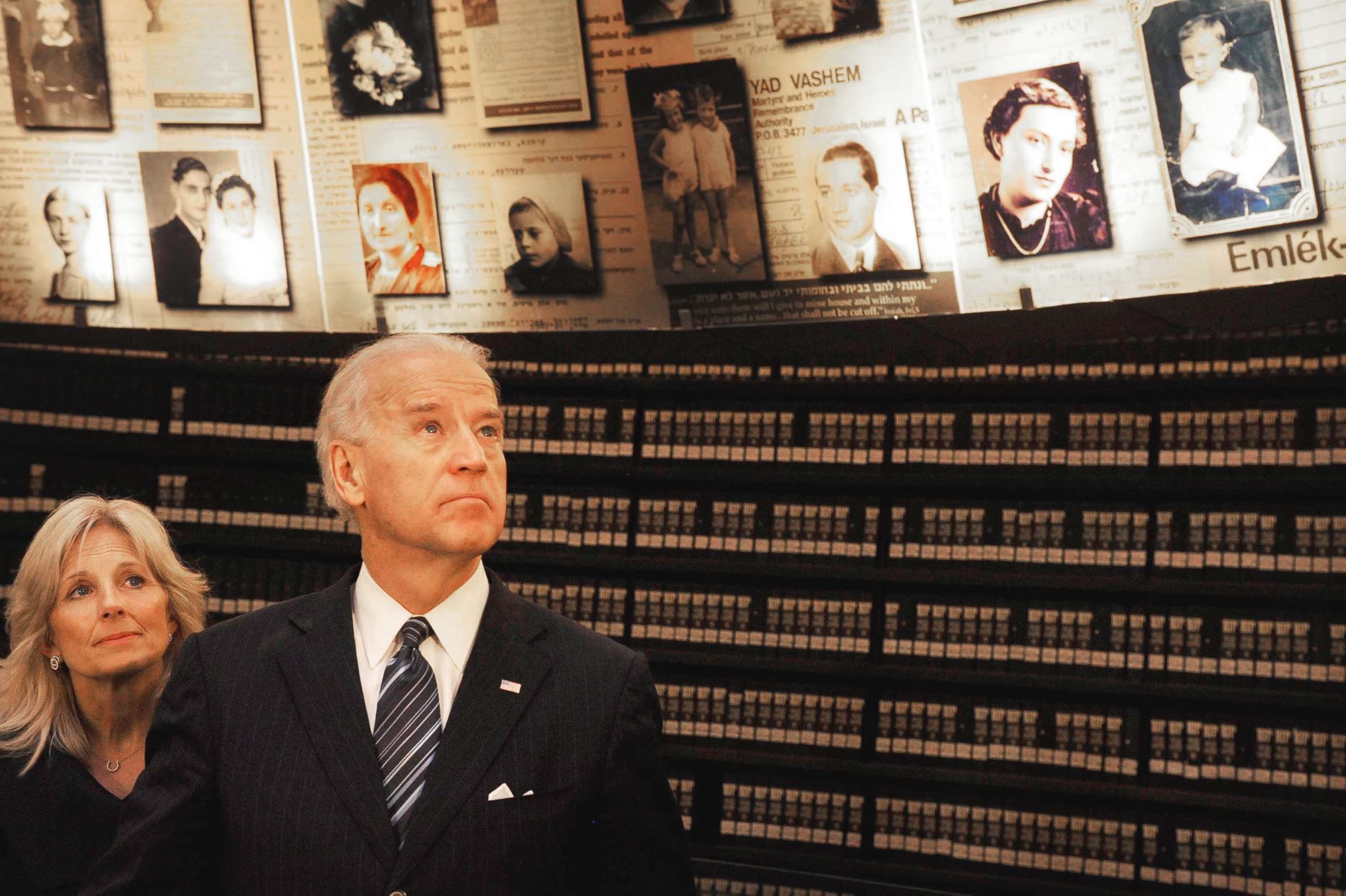 PHOTO: Vice-President Joe Biden and his wife, Dr. Jill Biden, look around at the names and photographs of murdered Jews as they visit the Hall of Names in the Yad Vashem Holocaust Memorial museum in Jerusalem, March 9, 2010.