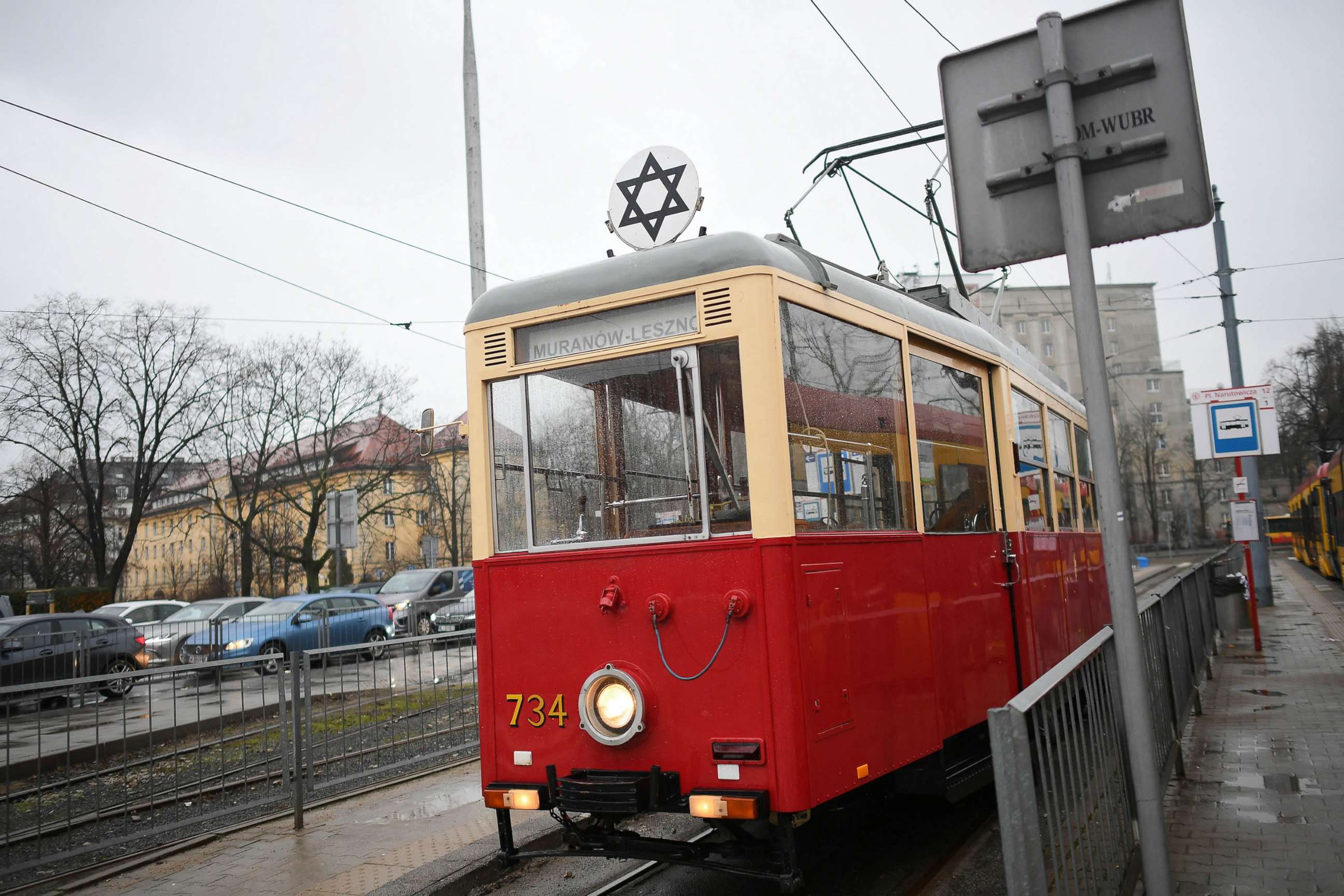 PHOTO: A historic tram marked with the Star of David symbolizing the tram running in the Warsaw Ghetto, traverses the streets in commemoration of International Holocaust Remembrance Day in of Warsaw, Jan. 27, 2022.