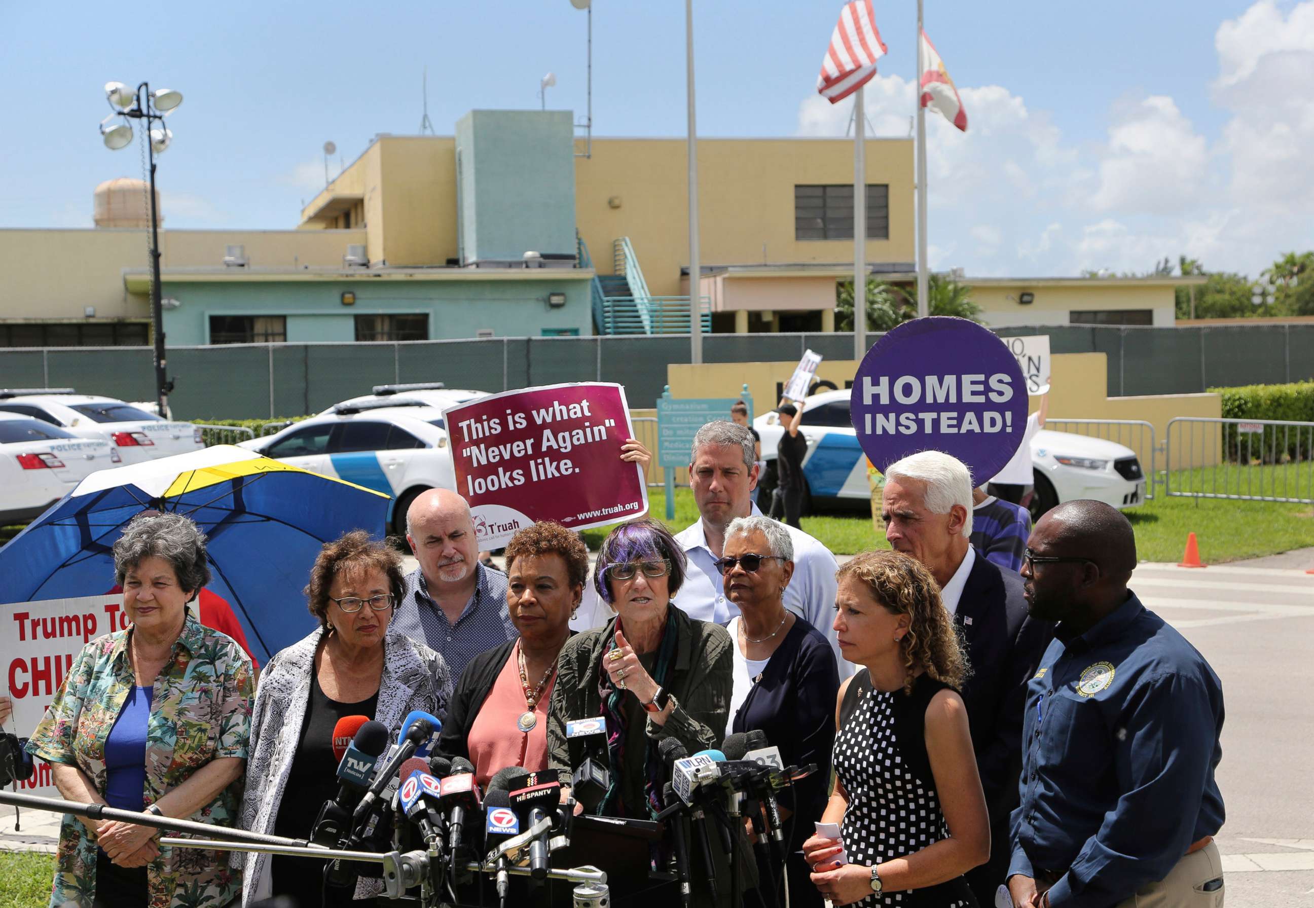 PHOTO: Rep. Rosa DeLauro, center, stands with other members of Congress following a tour of the Homestead Shelter for Unaccompanied Children, July 15, 2019, in Homestead, Fla.
