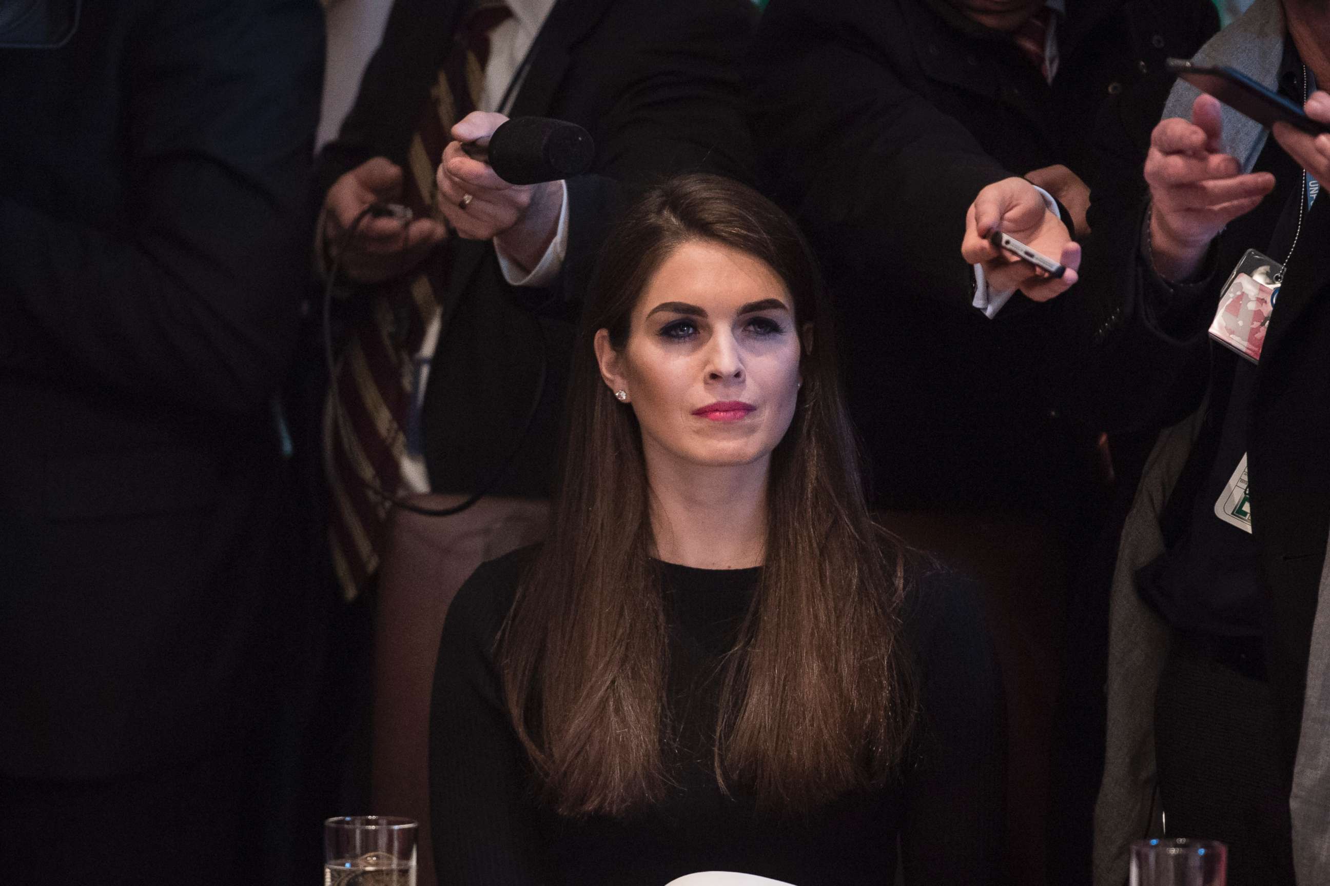 PHOTO: Hope Hicks, White House director of strategic communications, listens during a meet at the White House, Feb. 13, 2017.