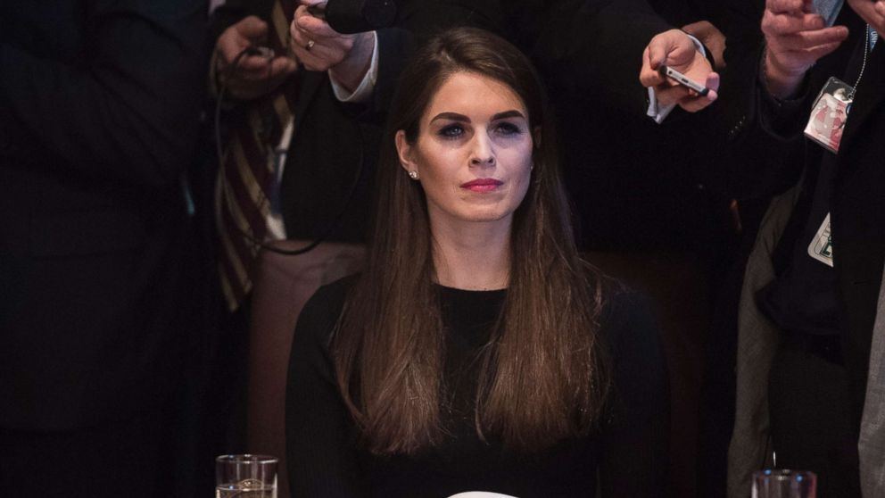 White House Director of Strategic Communications Hope Hicks listens as President Donald Trump in Washington.