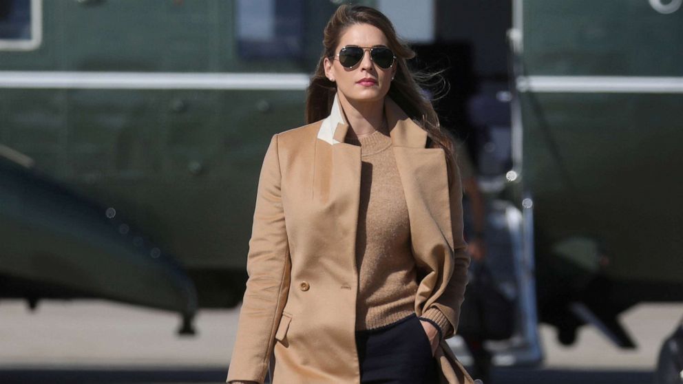 PHOTO: Hope Hicks, an advisor to President Donald Trump walks to Air Force One to depart Washington with the president and other staff on campaign travel to Minnesota from Joint Base Andrews, Md., Sept. 30, 2020.
