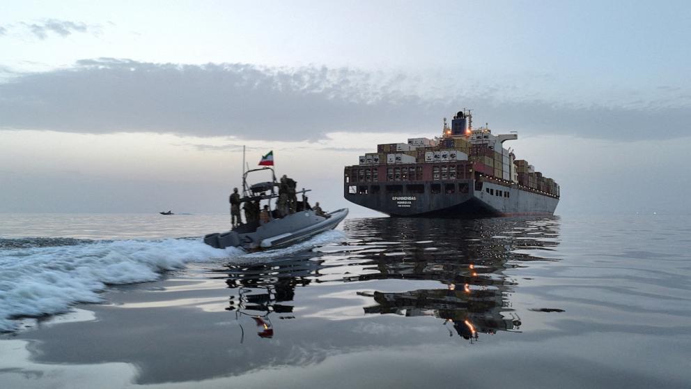 PHOTO: The Epaminondas ship is seen during seizure by the Islamic Revolutionary Guard Corps (IRGC) in the Strait of Hormuz, Iran, in this image obtained by Reuters on April 24, 2026. 