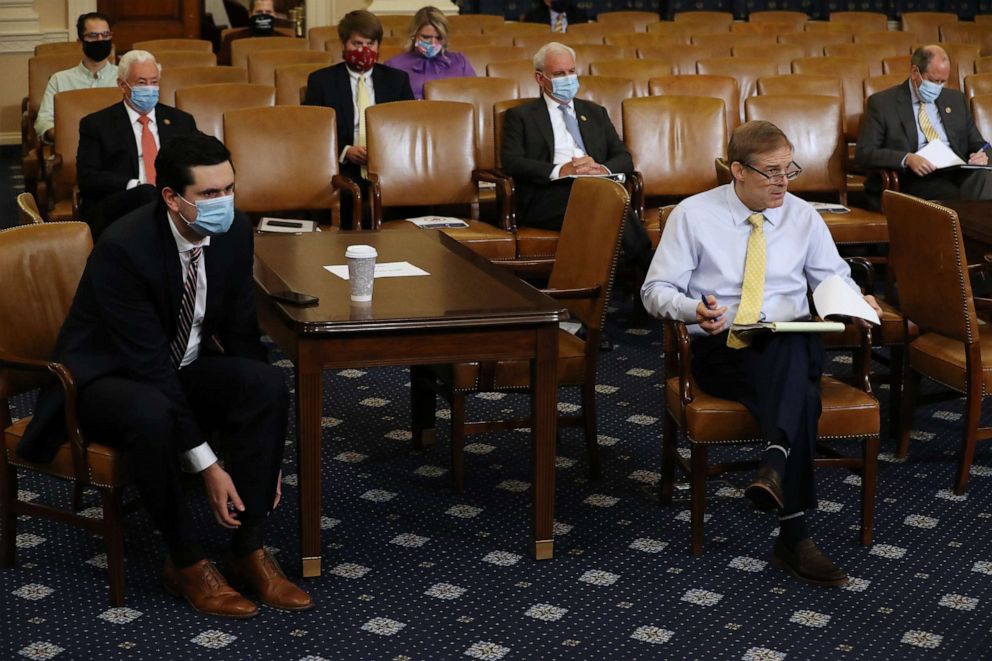 PHOTO: With the exception of Rep. Jim Jordan (R-OH) (2nd R), members of Congress and their staff wear face masks during a House Rules Committee hearing about the proposal to authorize remote voting by proxy in the House of Representatives.