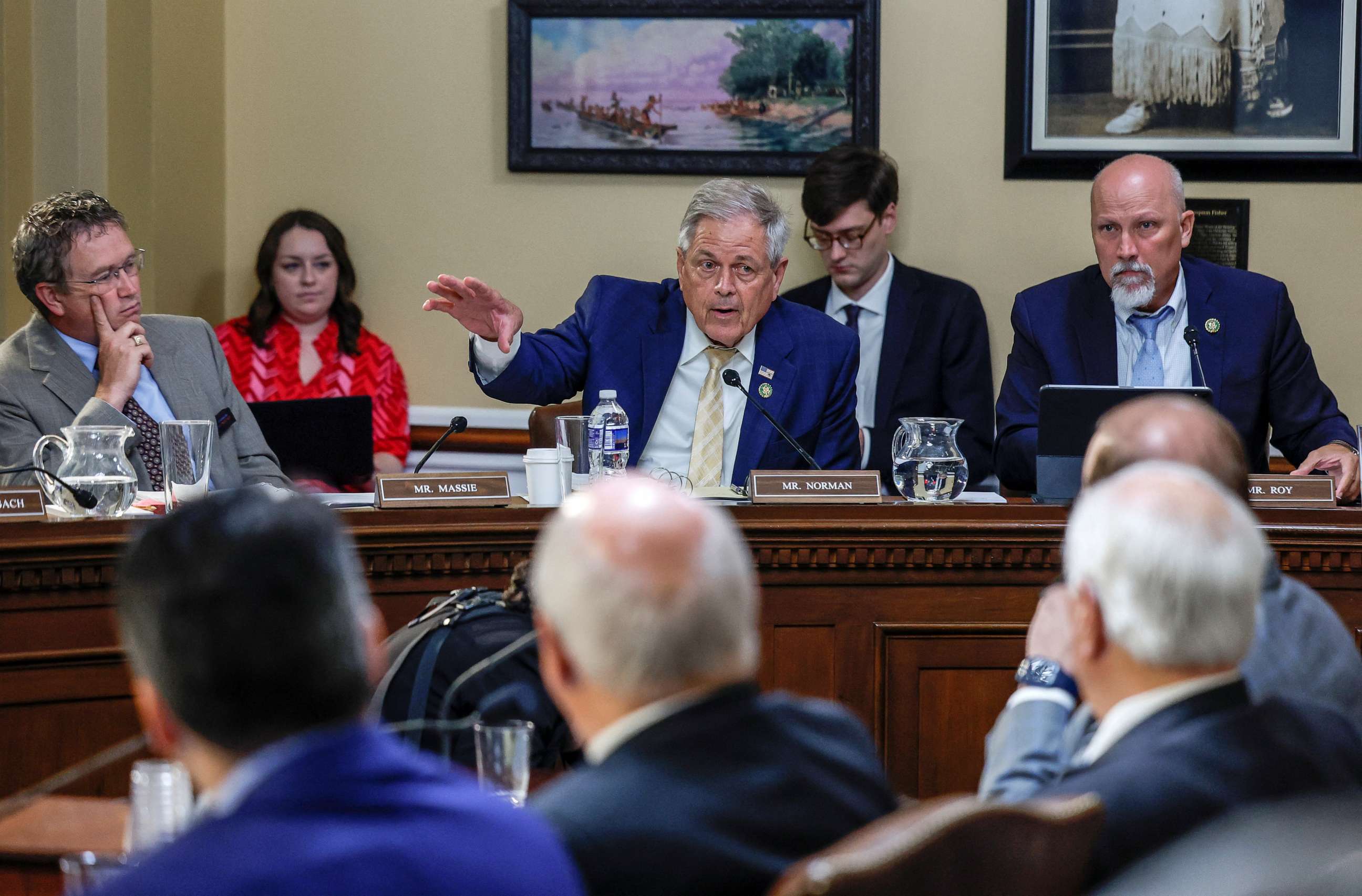PHOTO: Representative Norman (R-SC) questions a witness alongside Representatives Massie (R-KY) and Roy (R-TX) during a House Committee on Rules hearing about whether to raise the United States' debt ceiling and avoid default, the Capitol, May 30, 2023.