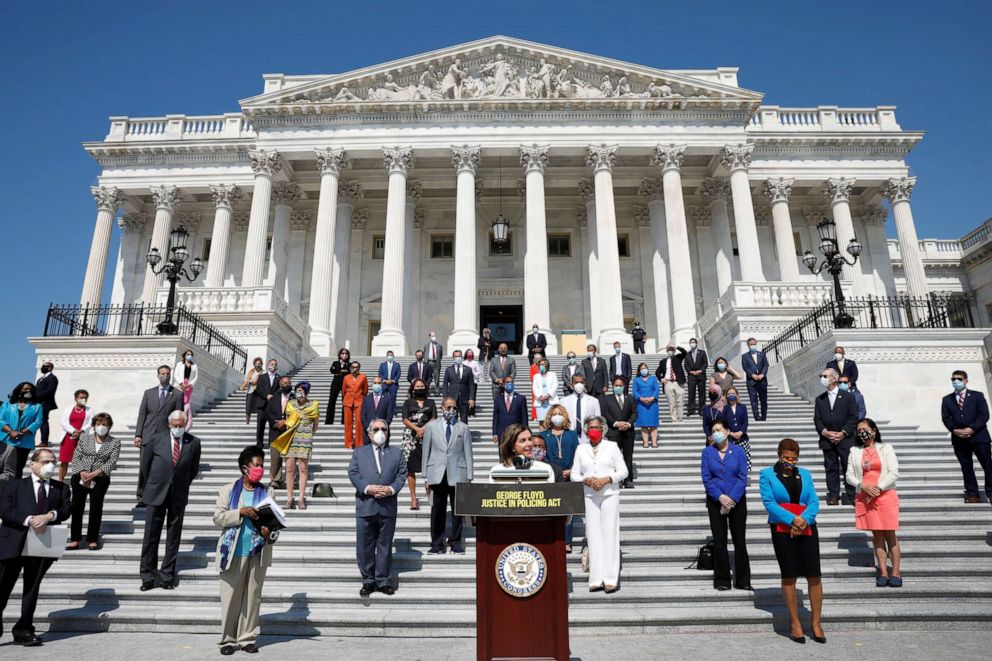 PHOTO: House Speaker Nancy Pelosi speaks during a press event ahead of vote on the George Floyd Justice in Policing Act of 2020 on the East Front House Steps on Capitol Hill in Washington, June 25, 2020.