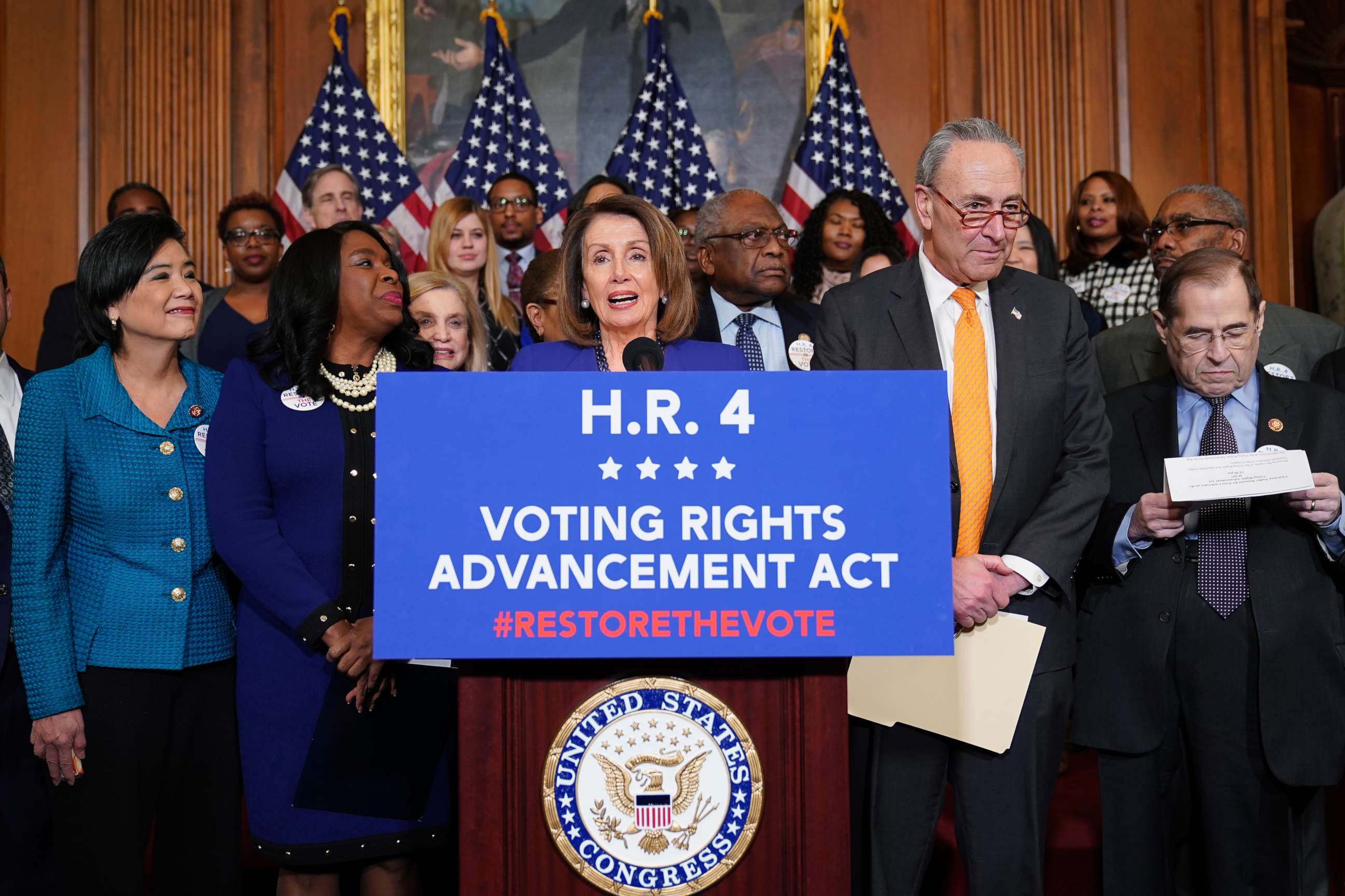 PHOTO: Speaker of the House Nancy Pelosi (D-CA) speaks about the Voting Rights Enhancement Act, H.R. 4 on Capitol Hill, Feb. 26, 2019. 