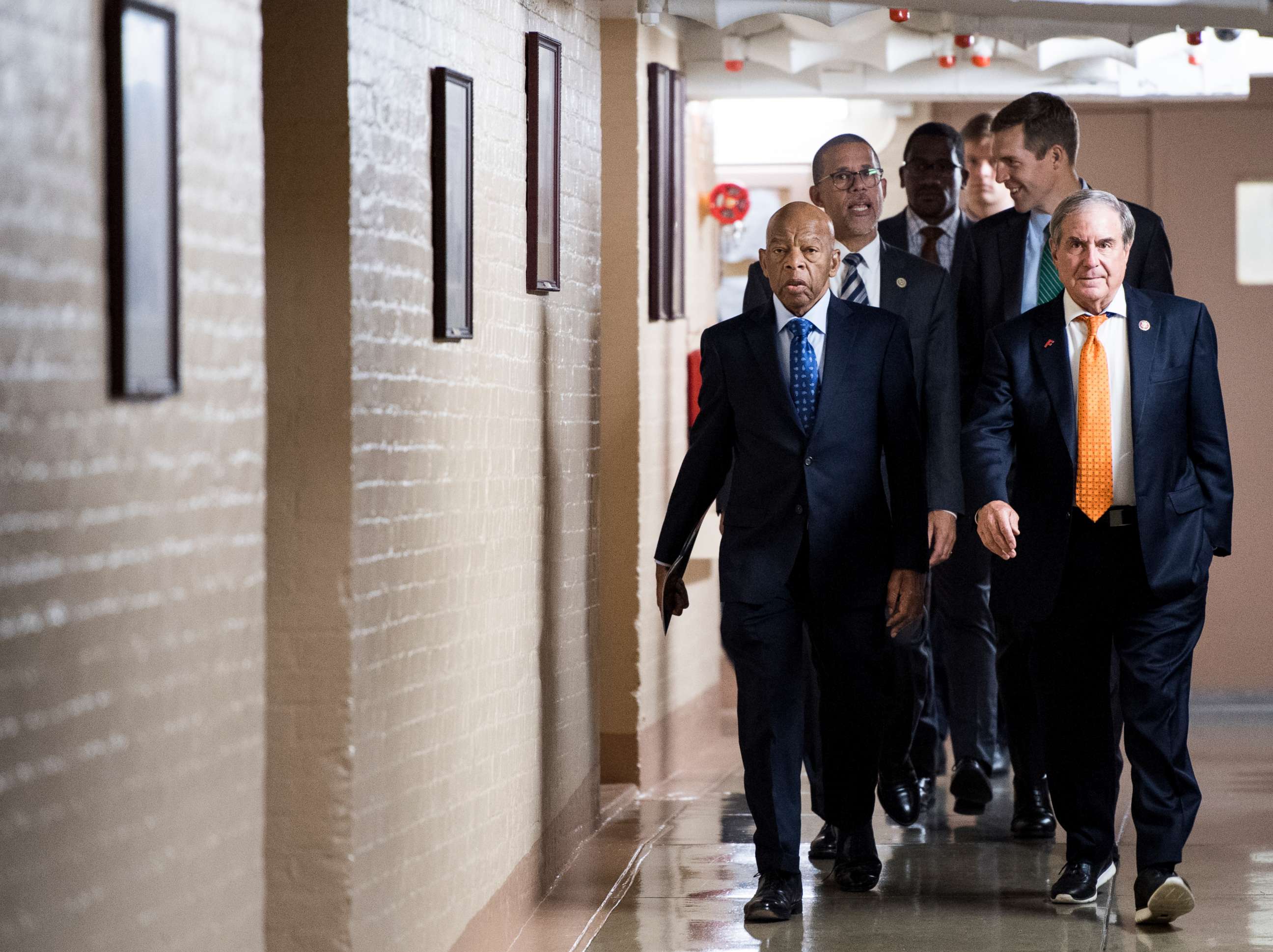 PHOTO: From left, Reps. John Lewis, D-Ga., Anthony Brown, D-Md., Conor Lamb, D-Pa., and John Yarmuth, D-Ky., arrive for the House Democrats caucus meeting in the Capitol on impeachment of President Trump on Tuesday, Sept. 24, 2019.