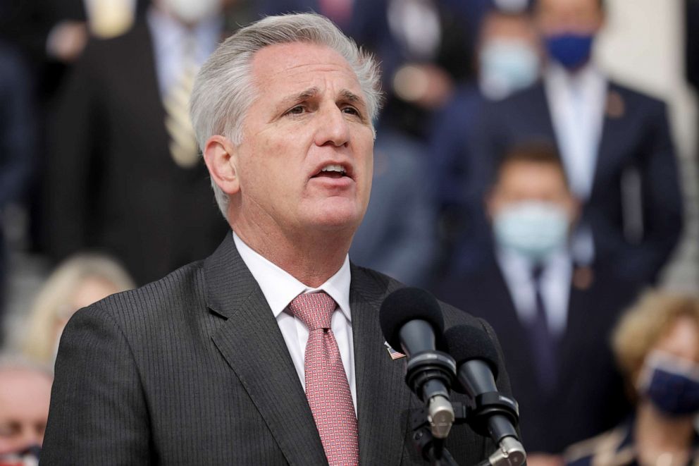 PHOTO:  House Minority Leader Kevin McCarthy is joined by fellow House Republicans while introducing their proposed legislative agenda, called the "Commitment to America," on the East Steps of the House of Representatives Sept. 15, 2020. 
