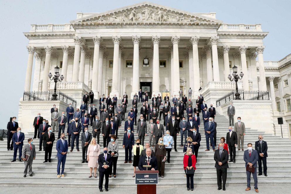 PHOTO:  House Republicans gather on the East Steps of the House of Representatives to introduce their proposed legislative agenda, called the "Commitment to America," at the Capitol Sept. 15, 2020.