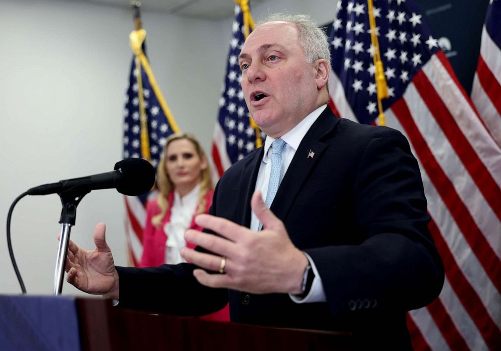 PHOTO: FILE - U.S. House Majority Leader Steve Scalise speaks to reporters at the U.S. Capitol, Jan. 31, 2023 in Washington, DC.
