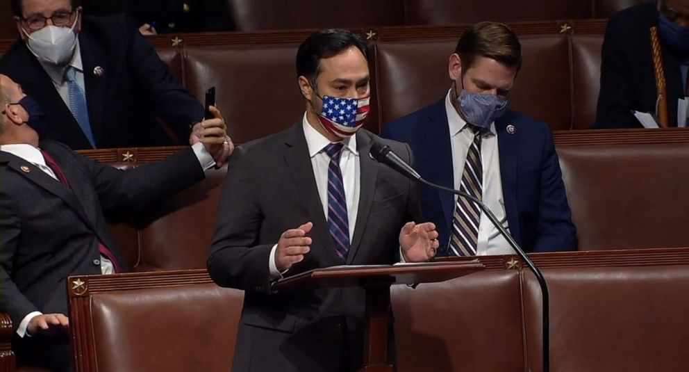 PHOTO: Representative Julian Castro (D-Texas) speaks at the U.S. Capitol while Democrats debate one article of impeachment against President Donald Trump in Washington, D.C., Jan. 13, 2021.