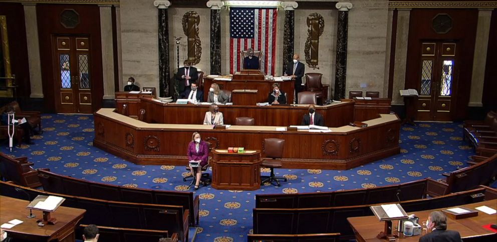 PHOTO: Members of the House of Representatives meet at the U.S. Capitol while Democrats debate one article of impeachment against President Donald Trump in Washington, D.C., Jan. 13, 2021.