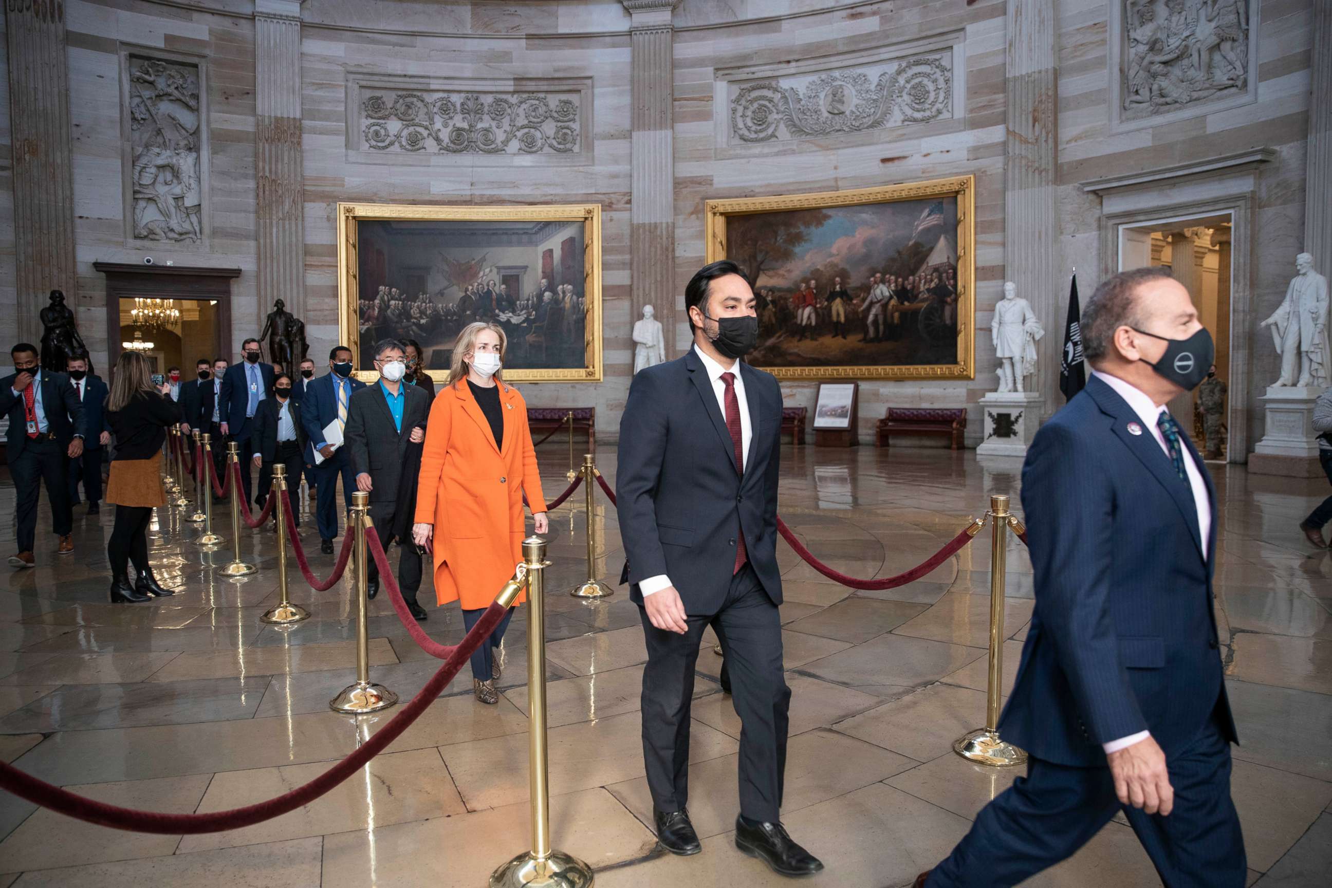 PHOTO: House Impeachment Managers Reps. Ted Lieu, Madeleine Dean, Joaquin Castro, and David Cicilline walk through the U.S. Capitol Rotunda to the Senate chamber on Feb. 8, 2021, in Washington, D.C.