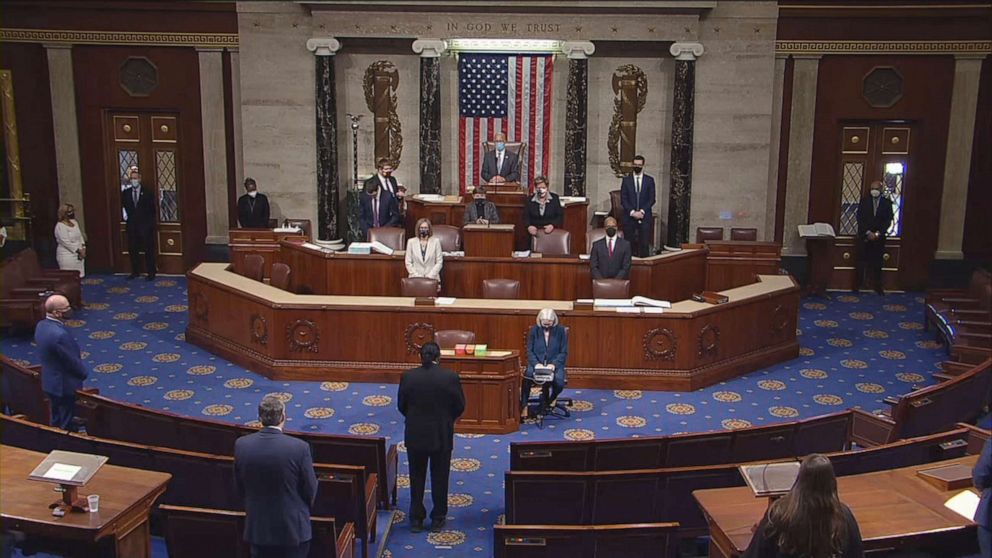 PHOTO: The U.S. House of Representatives gathers to debate on a historic second impeachment of President Donald Trump over his supporters' attack of the Capitol, Jan. 13, 2021.