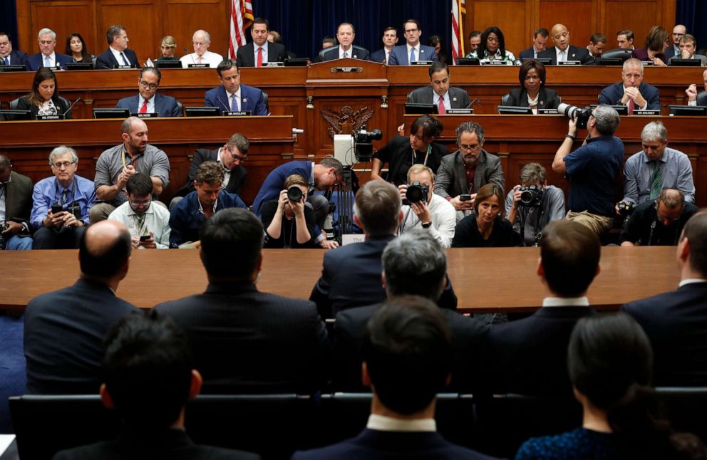 PHOTO: Chairman Rep. Adam Schiff, D-Calif., center, makes an opening statement before questioning Acting Director of National Intelligence Joseph Maguire before the House Intelligence Committee on Capitol Hill in Washington, Sept. 26, 2019.