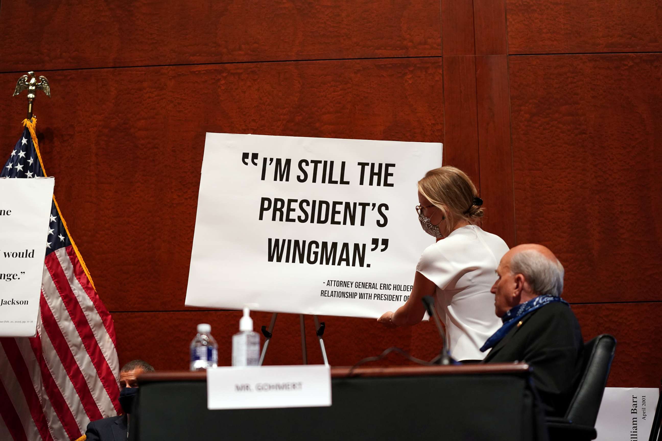 PHOTO: A sign is pictured as the U.S. House Judiciary Committee holds a hearing about political influence on law enforcement activity, including one who worked on Special Counsel Robert Mueller's Russia probe, in Washington, June 24, 2020.