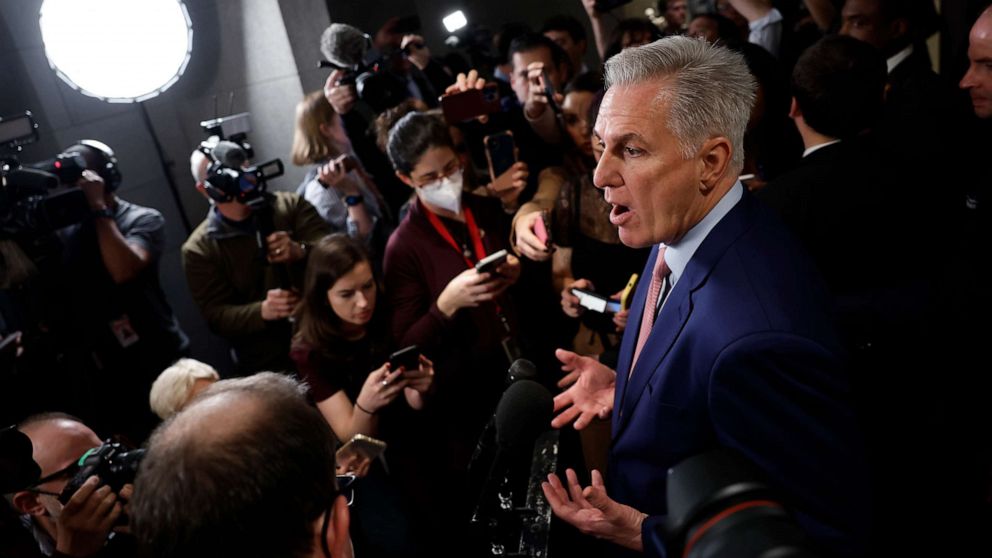 PHOTO: House Minority Leader Kevin McCarthy speaks to reporters after meeting with House Republicans at the U.S. Capitol on January 3, 2023 in Washington, DC