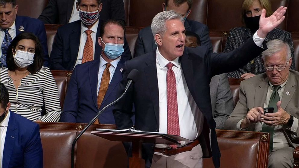 PHOTO: Kevin McCarthy, Minority Leader of the House of Representatives, speaks on the floor of the House regarding the Infrastructure bill in Washington, Nov.18, 2021.