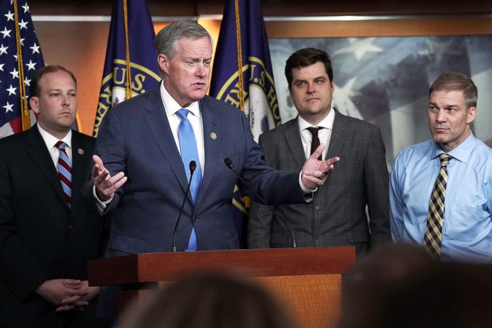 PHOTO: Rep. Mark Meadows speaks as (L-R) Rep. Lee Zeldin, Rep. Matt Gaetz and Rep. Jim Jordan listen during a news conference May 22, 2018 on Capitol Hill in Washington, D.C.