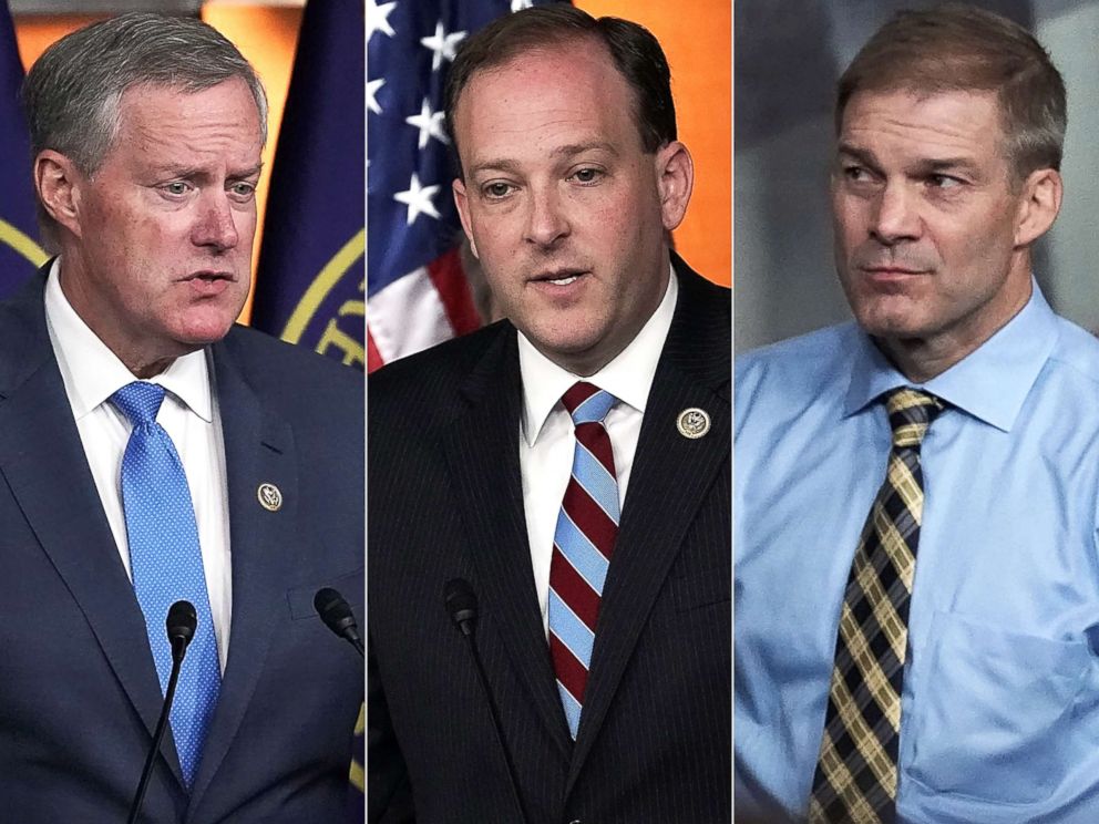 PHOTO: Rep. Mark Meadows speaks as during a news conference, May 22, 2018 on Capitol Hill. |Rep. Lee Zeldin speaks during a news conference, May 22, 2018, on Capitol Hill.|Jim Jordan listens during a news conference, May 22, 2018, on Capitol Hill.