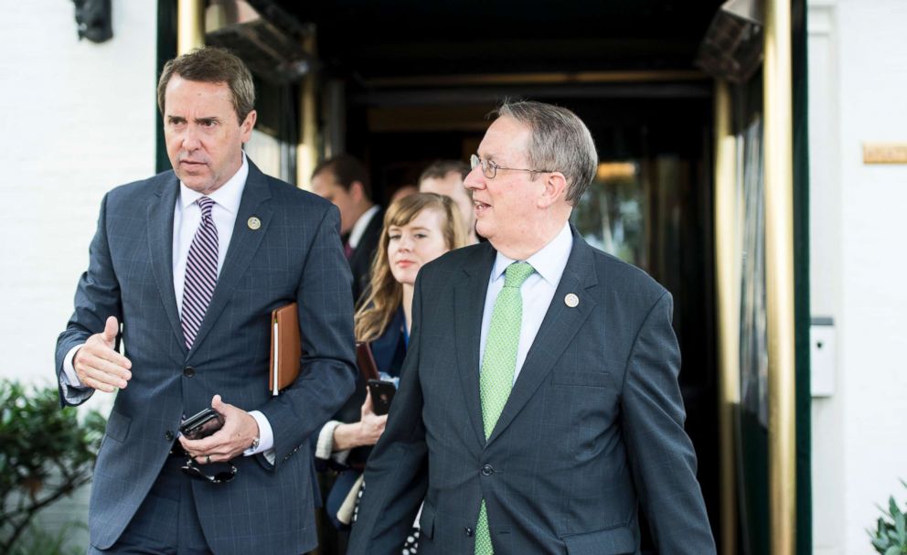 PHOTO: Mark Walker, left, and Bob Goodlatte talk as they leave the House Republican Conference meeting at the Capitol Hill Club in Washington, June 13, 2018.