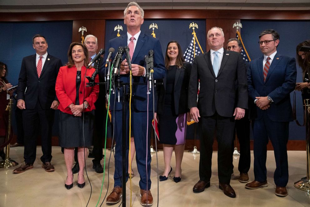 PHOTO: House Minority Leader Kevin McCarthy, speaks during a news conference with members of the House Republican leadership, Nov. 15, 2022, in Washington.
