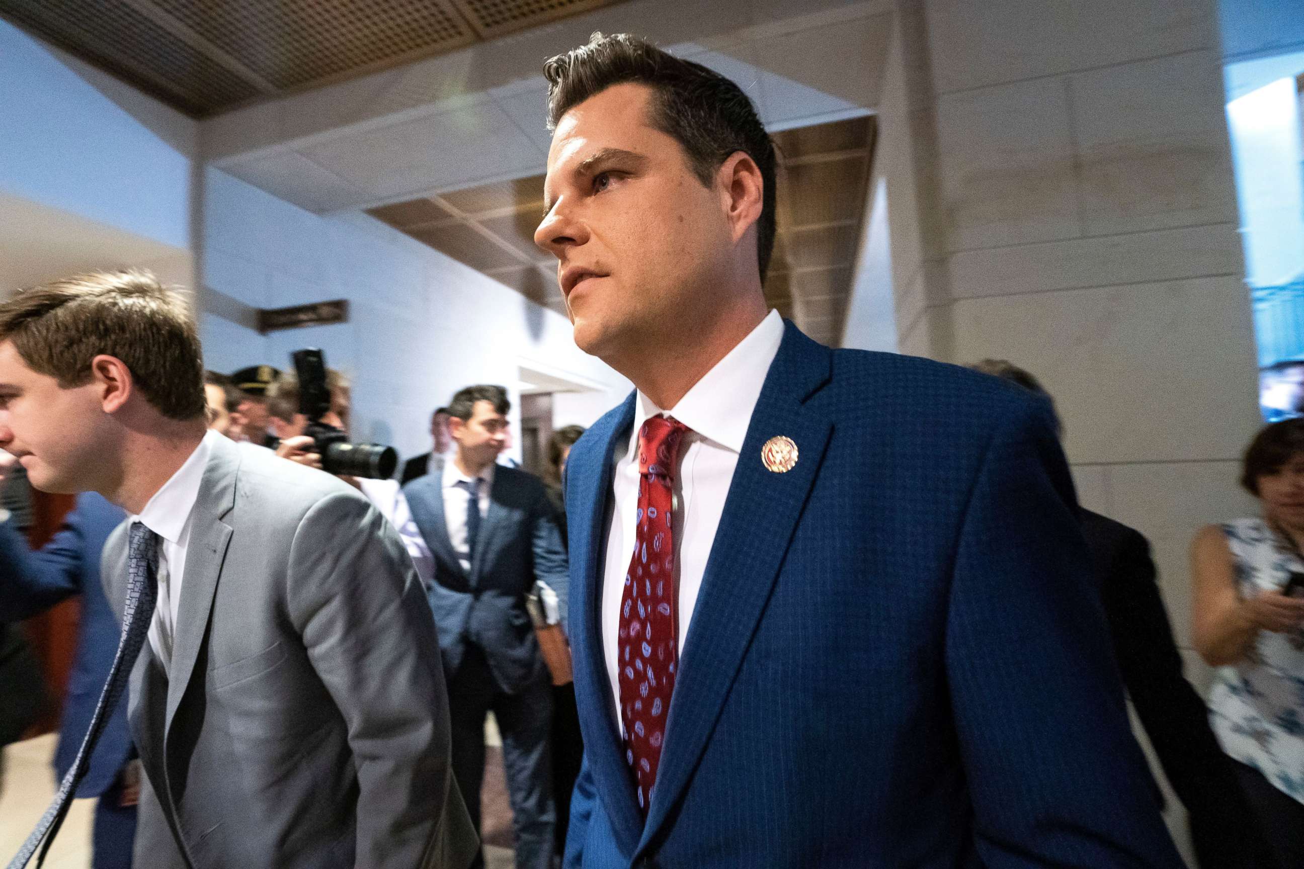 PHOTO: Republican Representative from Florida Matt Gaetz joins more than two dozen Republican lawmakers attempting to gather outside the room used by the House of Representatives' impeachment inquiry into President Trump in the US Capitol Oct. 23, 2019.