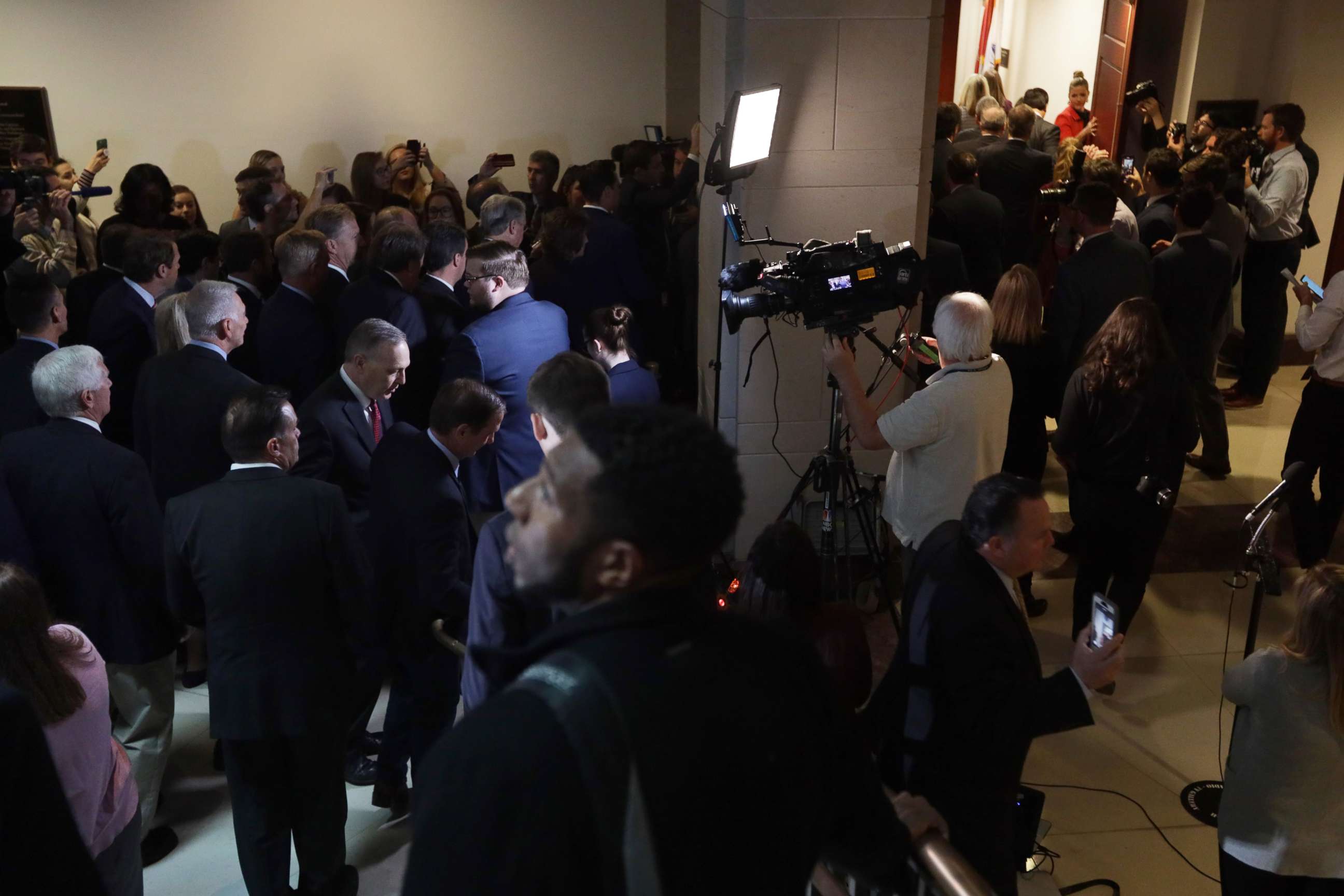 PHOTO: About two dozen House Republicans enter a sensitive compartmented information facility where a closed session before the House Intelligence, Foreign Affairs and Oversight committees takes place at the U.S. Capitol, Oct. 23, 2019.