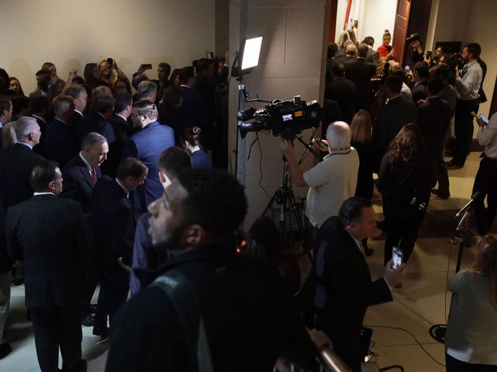 PHOTO: About two dozen House Republicans enter a sensitive compartmented information facility where a closed session before the House Intelligence, Foreign Affairs and Oversight committees takes place at the U.S. Capitol, Oct. 23, 2019.