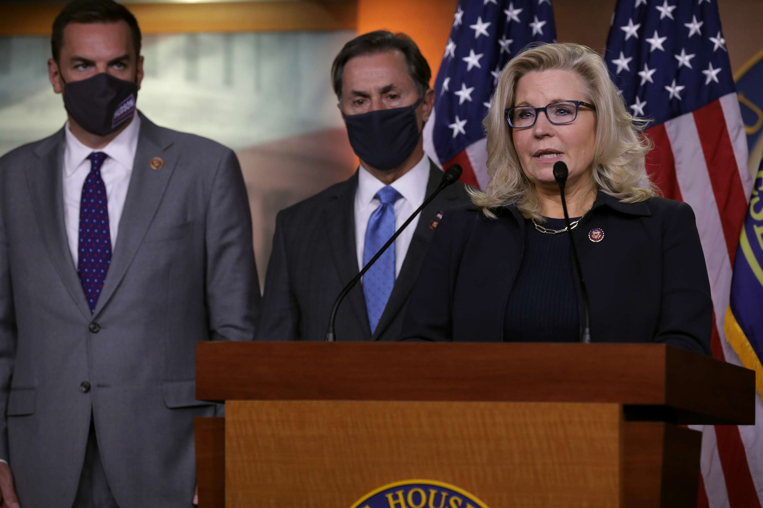 PHOTO: Rep. Liz Cheney talks to reporters following House Republican conference leadership elections at the Capitol Nov. 17, 2020.