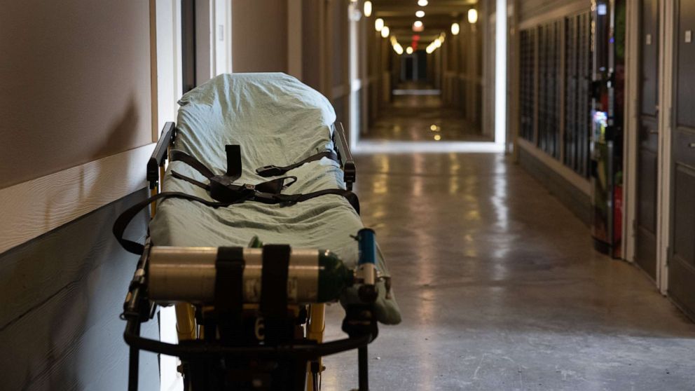 PHOTO: A stretcher waits outside an apartment as Houston Fire Department paramedics check a woman with breathing difficulties for Covid-19 symptoms, Sept. 14, 2021, in Houston, Texas.