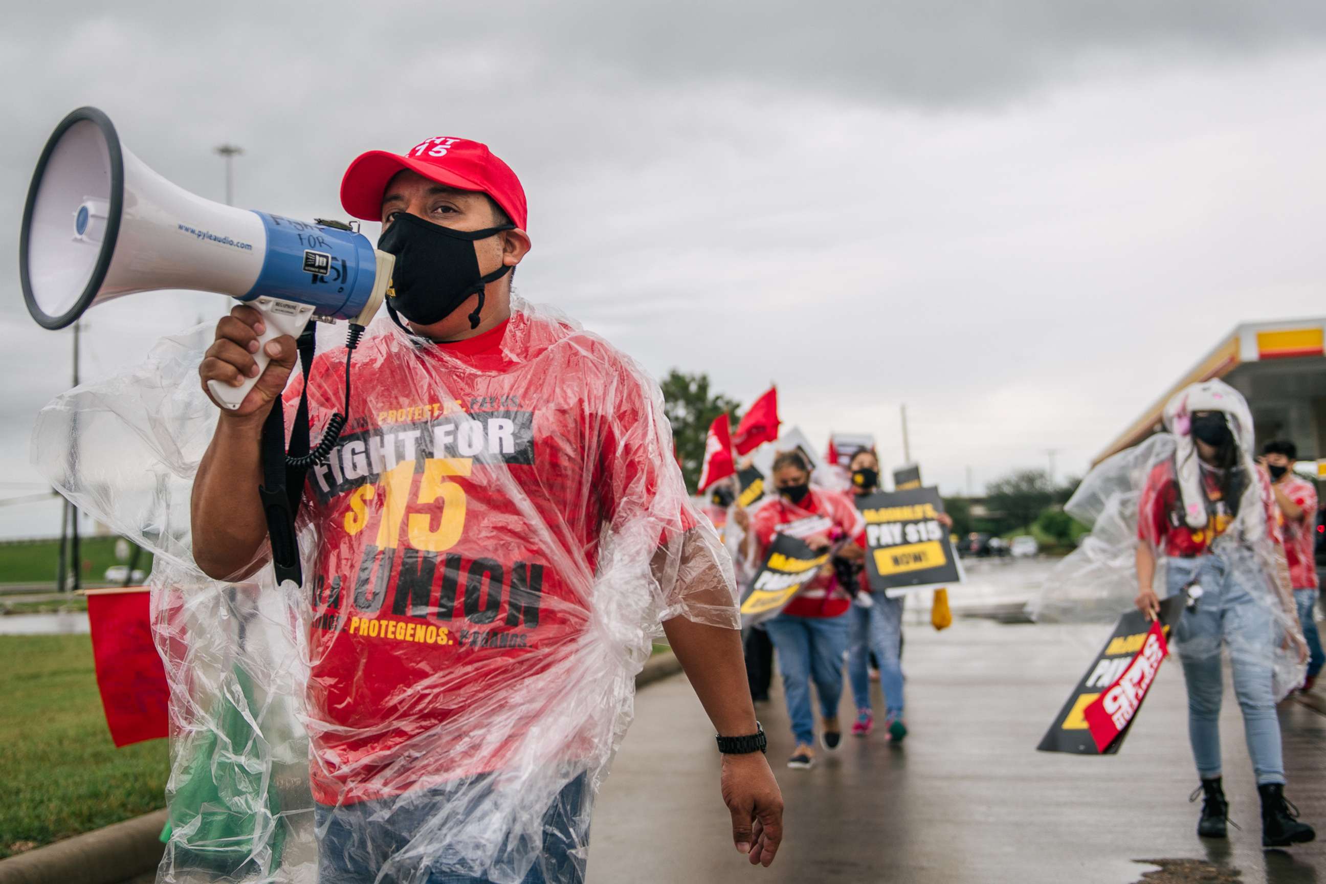 PHOTO: Armando Tax, an organizer for Fight For $15, chants during a rally on May 19, 2021 in Houston.