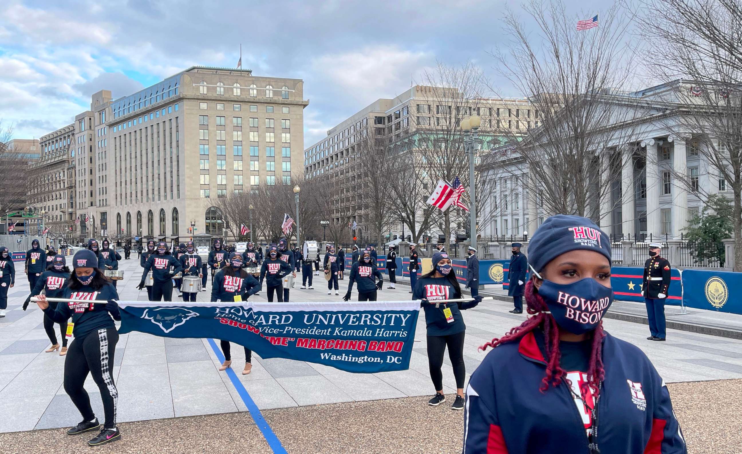PHOTO: The Howard University marching band participates in a rehearsal of the parade down Pennsylvania Avenue in Washington, DC, Jan. 18, 2021, ahead of the inauguration of President-elect Joe Biden and Vice President-elect Kamala Harris.