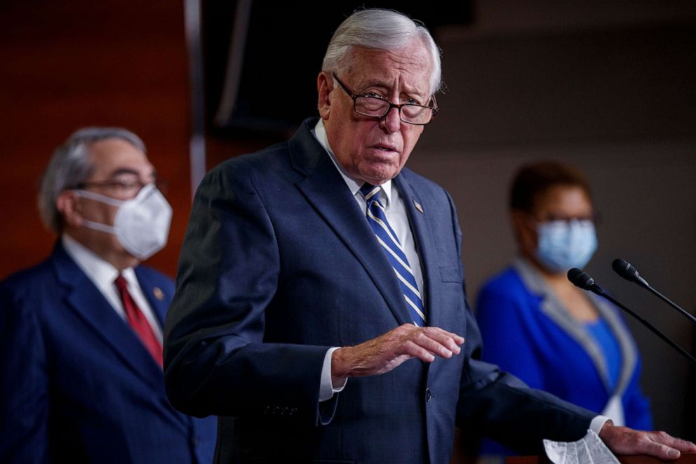 PHOTO: House Majority Leader Steny Hoyer delivers remarks during a press conference to introduce legislation to replace the bust of Chief Justice Roger B. Taney in the Old Supreme Court Chamber with one of Justice Thurgood Marshal.
