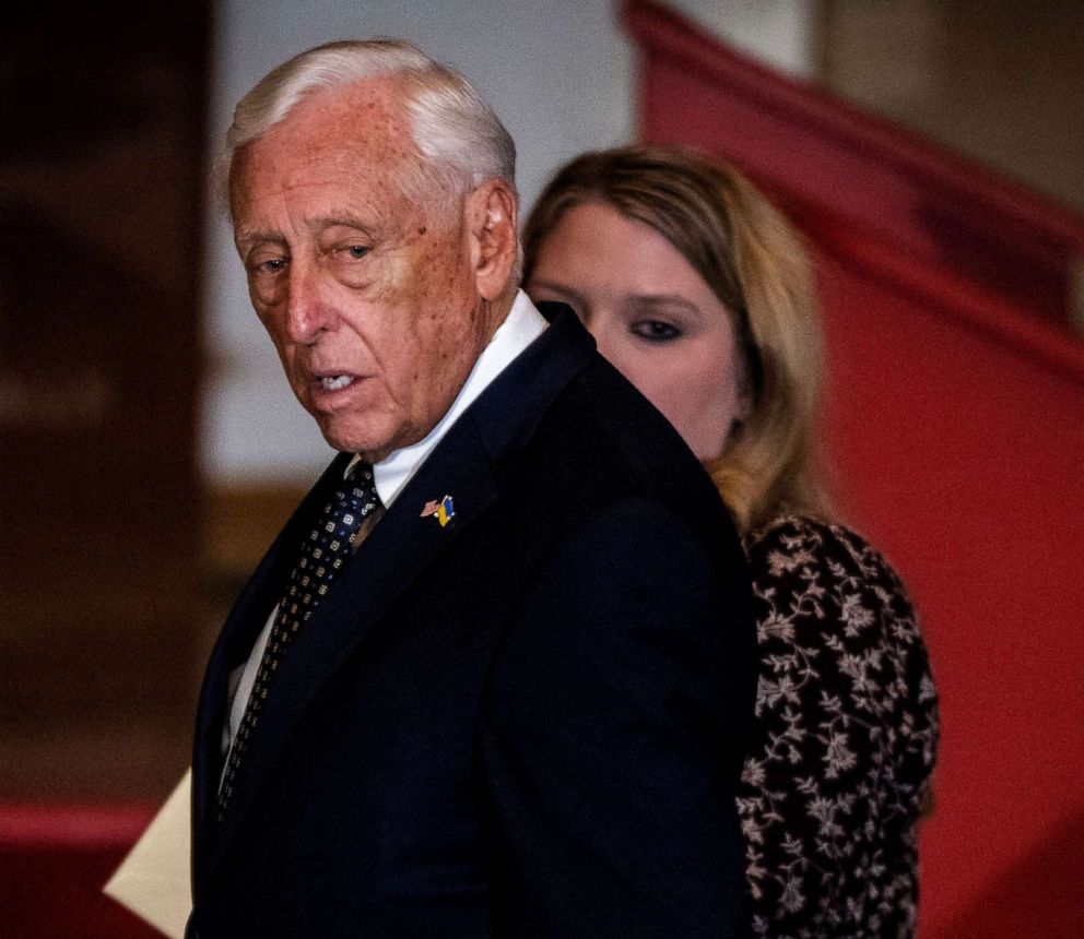 PHOTO: House Majority Leader Rep. Steny Hoyer center arrives at Statuary Hall for Speaker of the House Rep. Nancy Pelosi's unveiling ceremony in Washington, D.C.