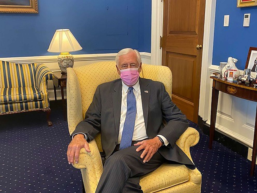 PHOTO: House Majority Leader Steny Hoyer promotes the use of pink masks ahead of a campaign by Democrats on Wednesday.