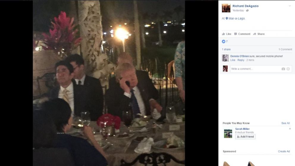 PHOTO: President Donald Trump dines with Japanese Prime Minister Shinzo Abe at Mar-a-Lago in Palm Beach, Florida, Feb. 11, 2017. 