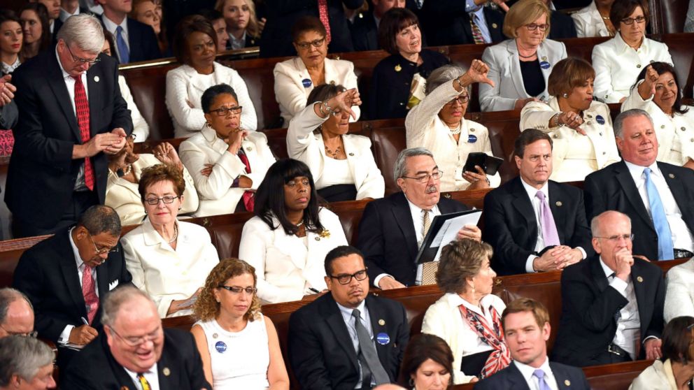 PHOTO: Members of Congress react as President Donald Trump addresses a joint session of Congress on Feb 28, 2017 in Washington, DC.