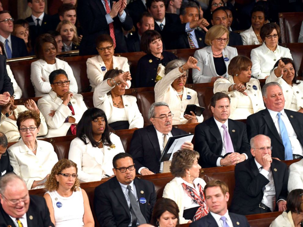 PHOTO: Members of Congress react as President Donald Trump addresses a joint session of Congress on Feb 28, 2017 in Washington, DC.