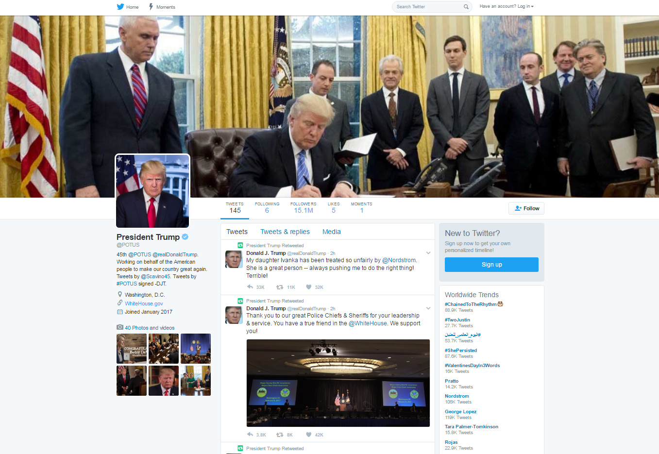PHOTO: A screen grab made on Feb. 8, 2017 shows the official Twitter feed of the President of the United States.