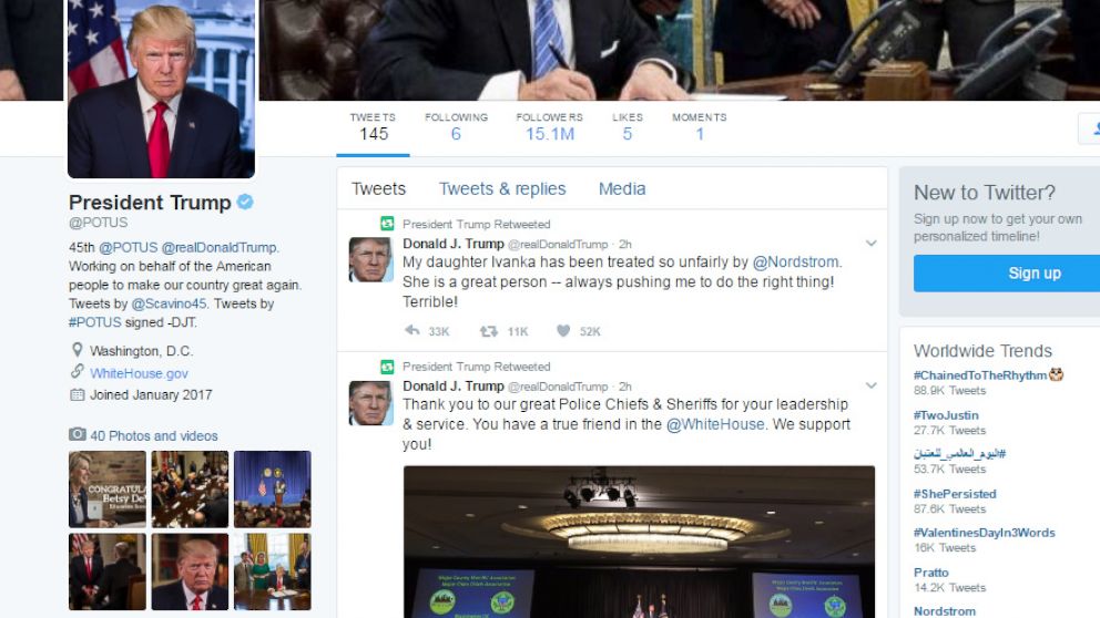 PHOTO: A screen grab made on Feb. 8, 2017 shows the official Twitter feed of the President of the United States.