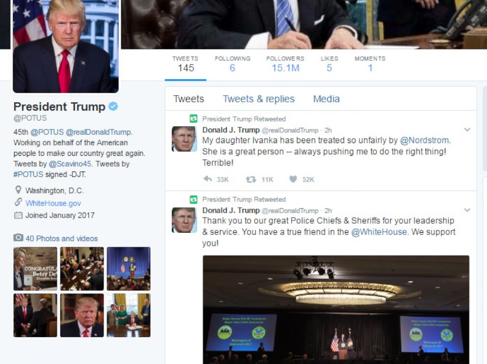 PHOTO: A screen grab made on Feb. 8, 2017 shows the official Twitter feed of the President of the United States.