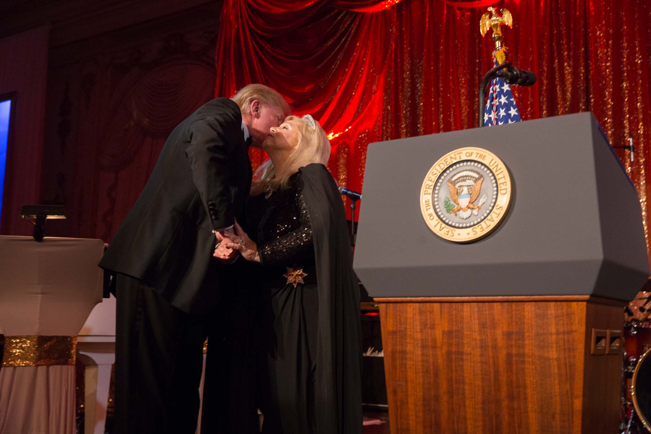 PHOTO: President Donald Trump and Chairwomen Janet Cafaro at the 60th International Red Cross Ball at Mar-a-lago on Feb. 4, 2017.